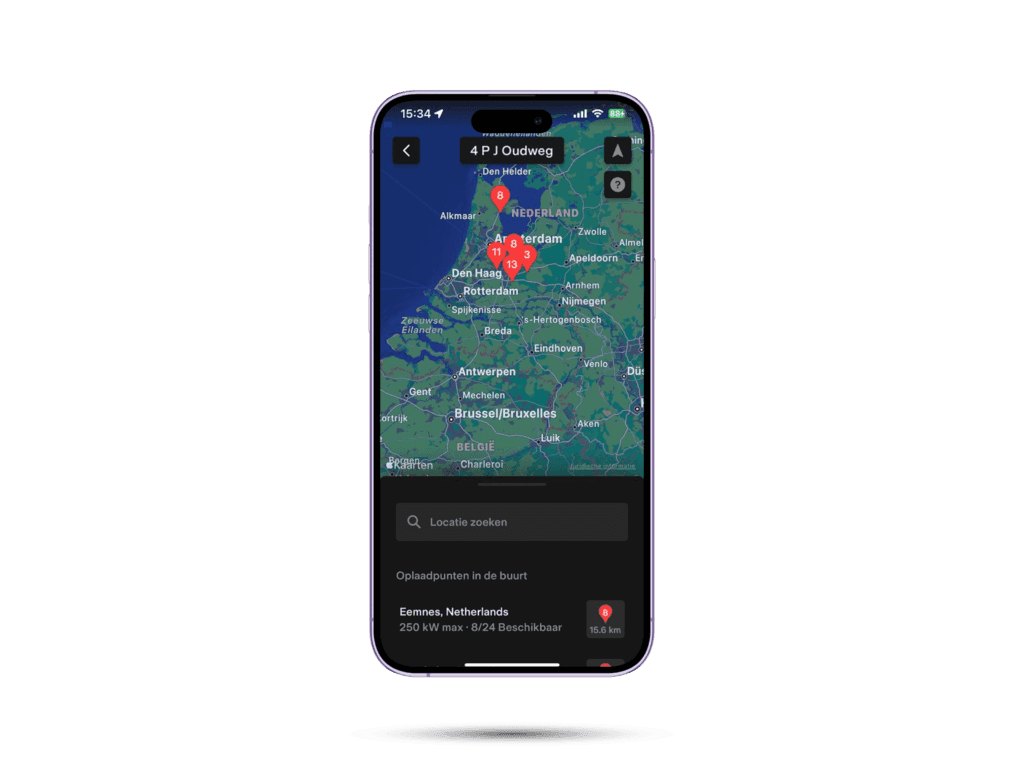 A screenshot that shows Tesla supercharger locations on a map