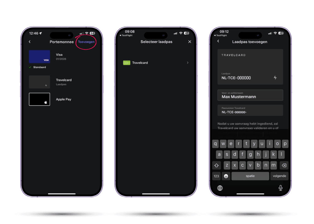 A visual guide that shows how a customer can add their travelcard in the Tesla app